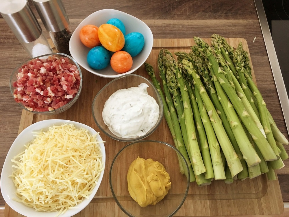 Zutaten für Low Carb Spargelauflauf mit Senfkruste